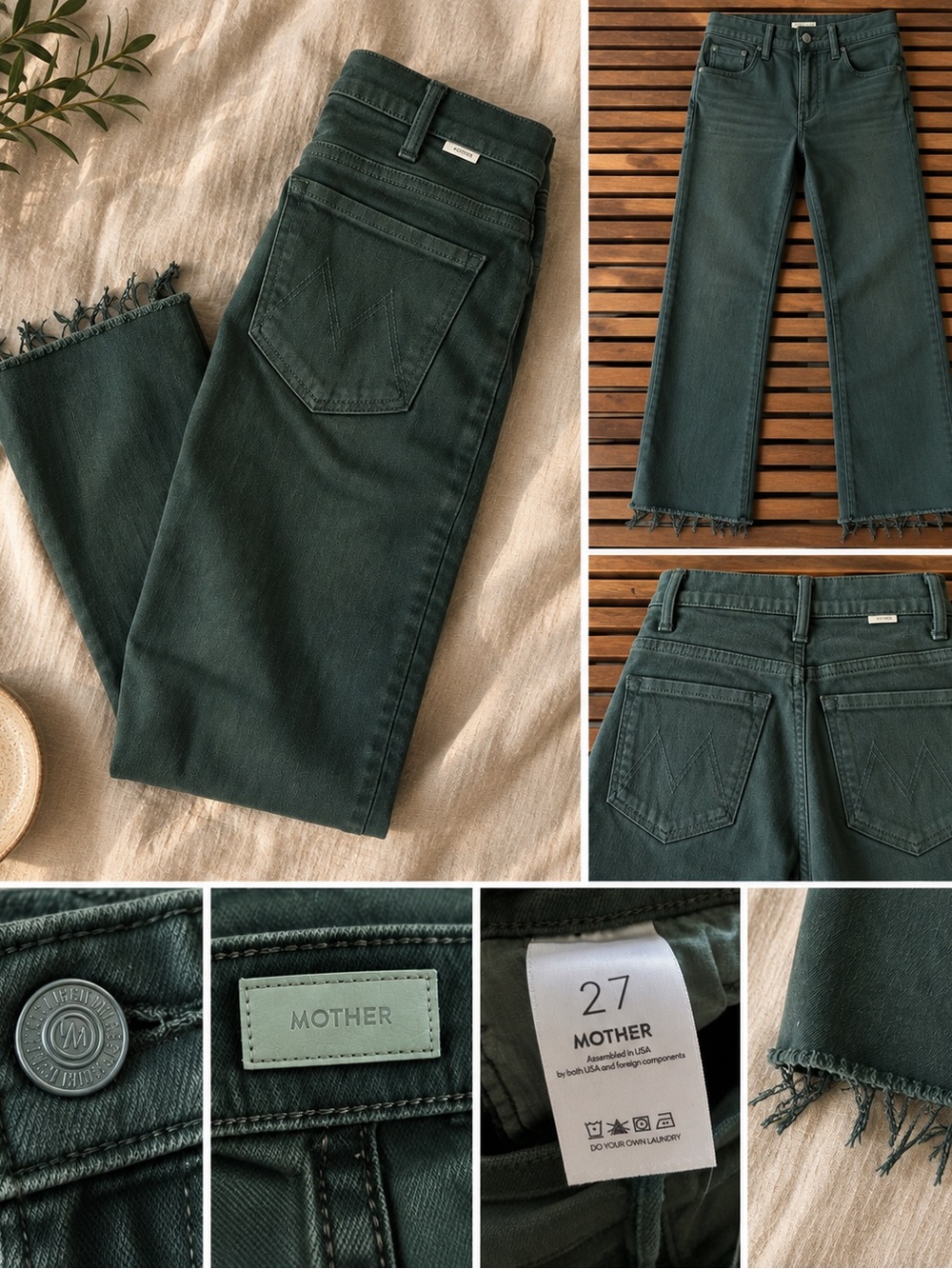 MOTHER Forest Green High-Rise Cropped Straight Jeans